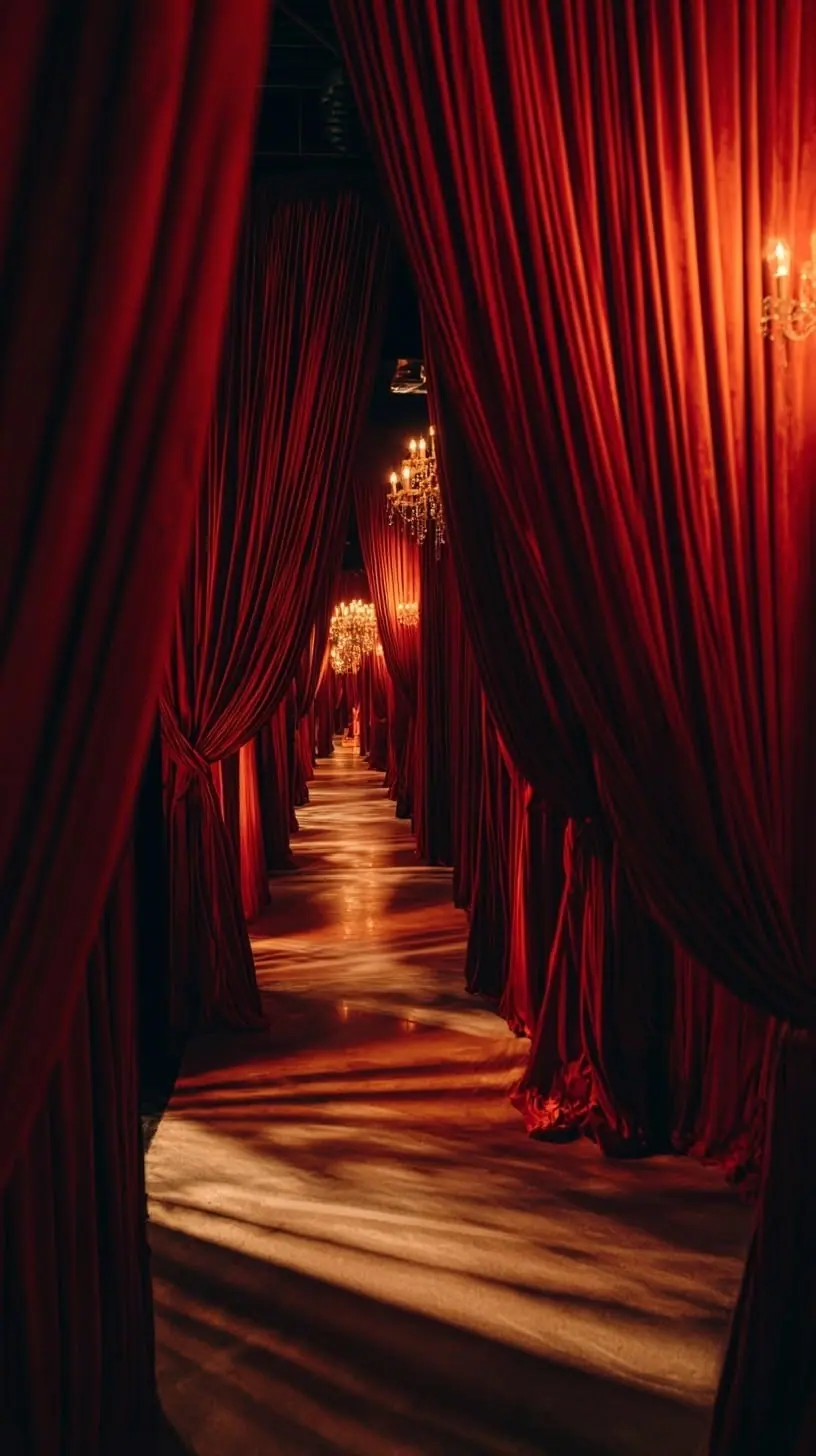 A corridor of red velvet curtains leading towards lit chandeliers.
