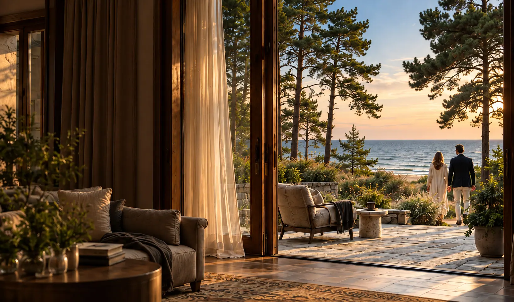 A terrace opening onto the Baltic coast at sunset; two guests walk towards the sea.