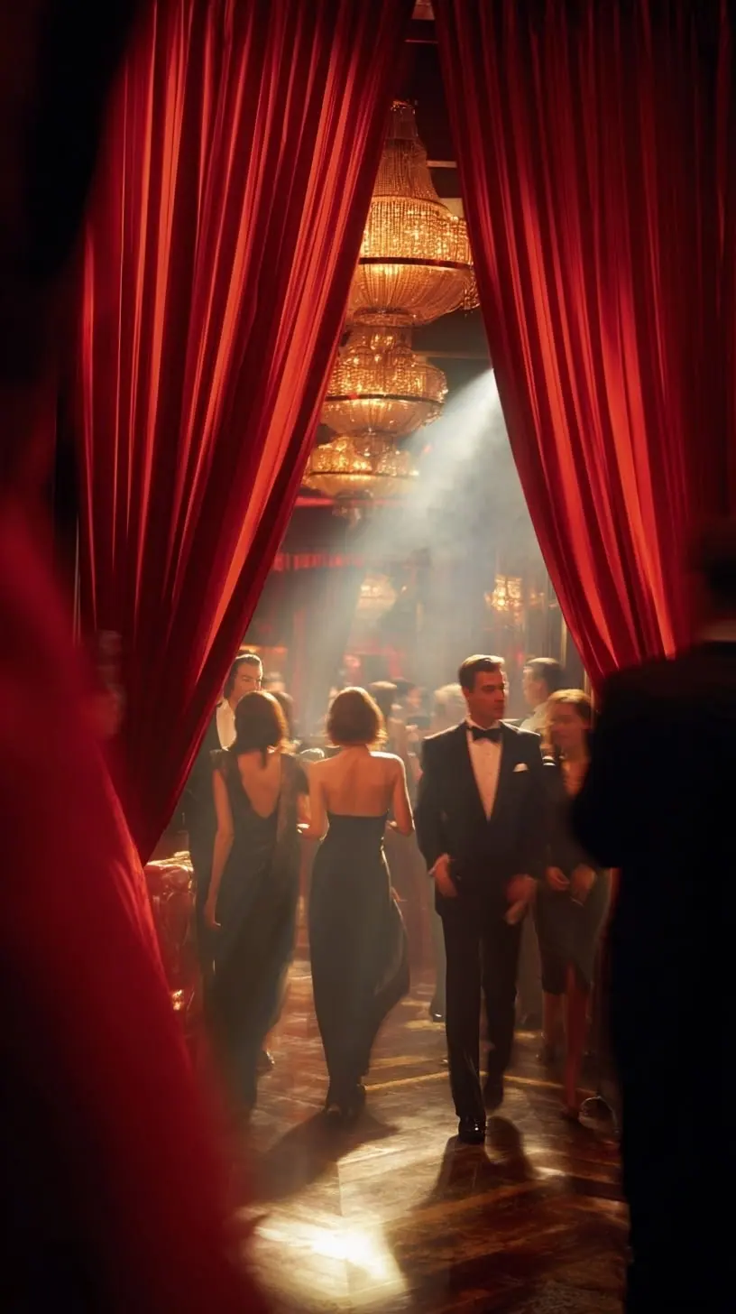 Guests in evening dress seen through parted red curtains, under chandeliers.